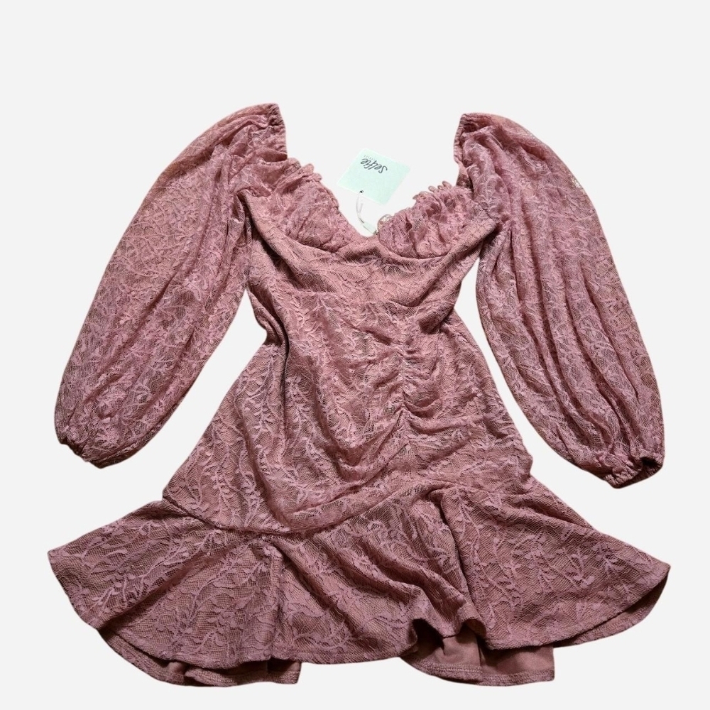Selfie Leslie Halley Balloon Sleeve Blush Pink Lace Mini Dress NWT Size XS - Picture 2 of 5